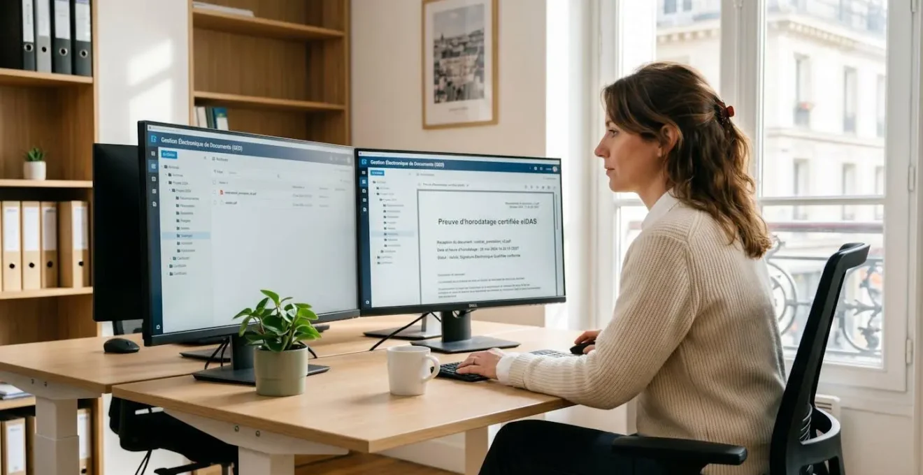 Gestionnaire administrative française consultant sur double écran une interface de gestion électronique de documents (GED) affichant l'arborescence de dossiers et le détail d'une preuve horodatée certifiée eIDAS d'une lettre recommandée électronique, bureau contemporain lumineux