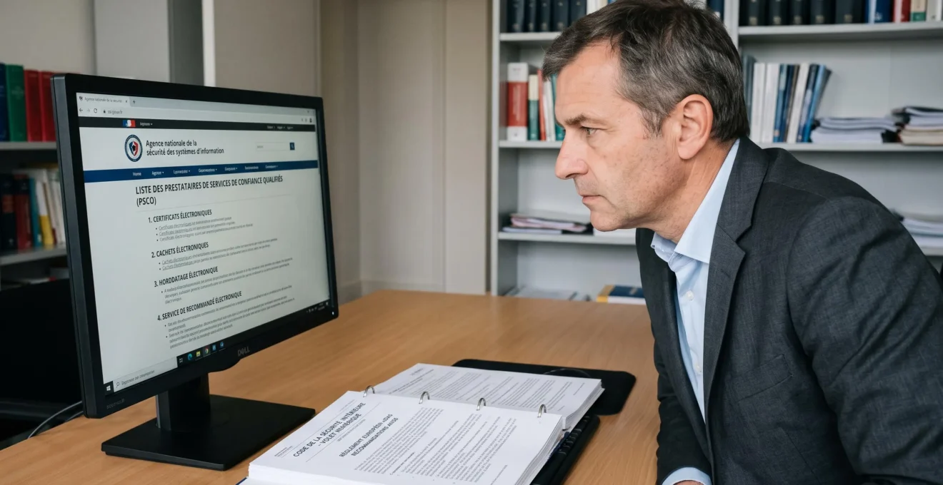 Juriste français consultant sur son ordinateur le site officiel ANSSI (ssi.gouv.fr) affichant la liste des prestataires de service de confiance qualifiés PSCO, document réglementaire ouvert à côté, cabinet juridique professionnel