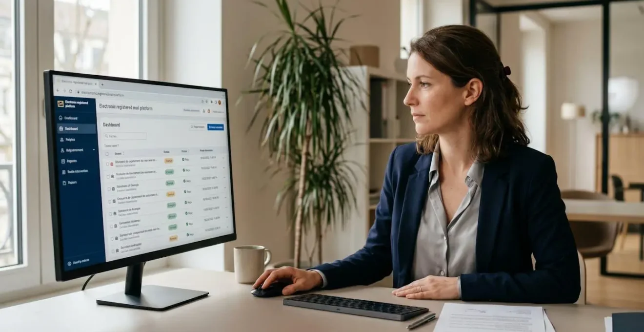 Responsable administrative française consultant sur son ordinateur une plateforme d'envoi de lettres recommandées électroniques, interface web affichant un tableau de bord avec statuts d'envois et preuves horodatées, bureau professionnel contemporain avec lumière naturelle