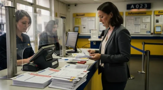 Une professionnelle dépose plusieurs lettres recommandées au guichet d'un bureau de poste français, illustrant le temps nécessaire au déplacement et à l'envoi physique de courriers recommandés.