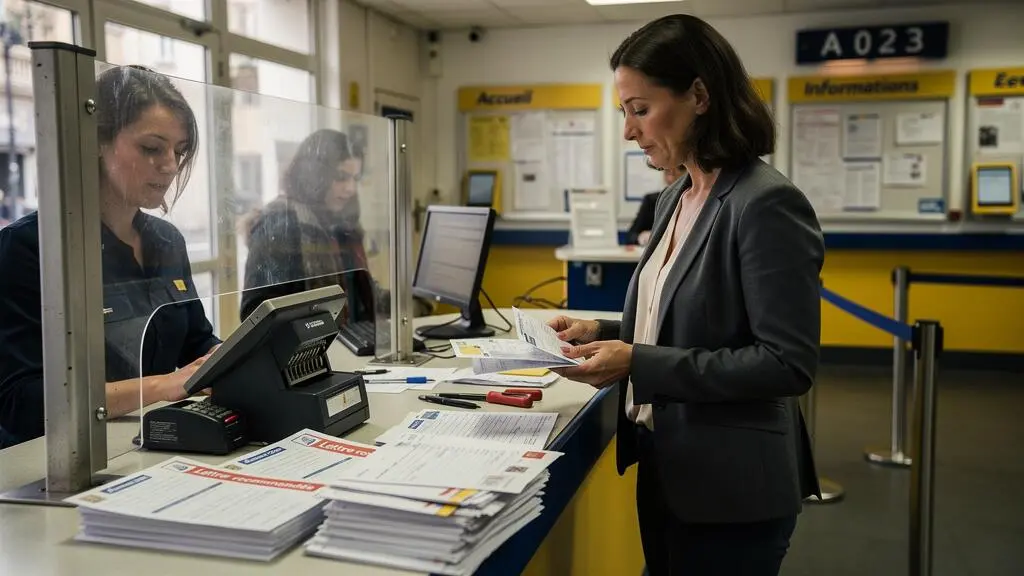 Une professionnelle dépose plusieurs lettres recommandées au guichet d'un bureau de poste français, illustrant le temps nécessaire au déplacement et à l'envoi physique de courriers recommandés.