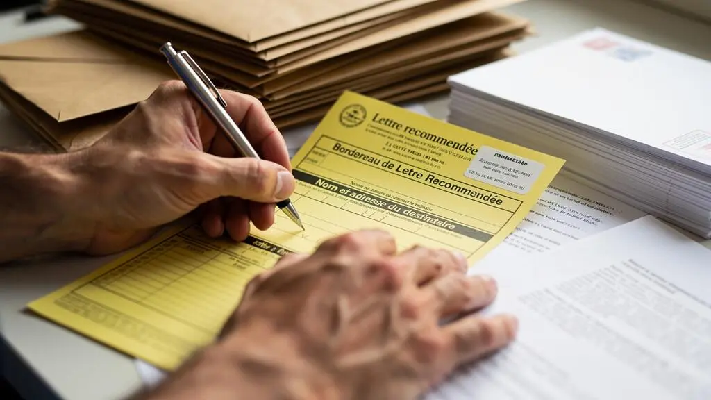 Gros plan sur des mains remplissant un bordereau de lettre recommandée parmi des enveloppes et documents administratifs, montrant le travail manuel de préparation nécessaire avant l'envoi.